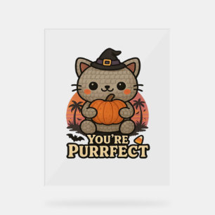 Kawaii Halloween Cat with Pumpkin, Cute Witch Kitt Acrylic Sign