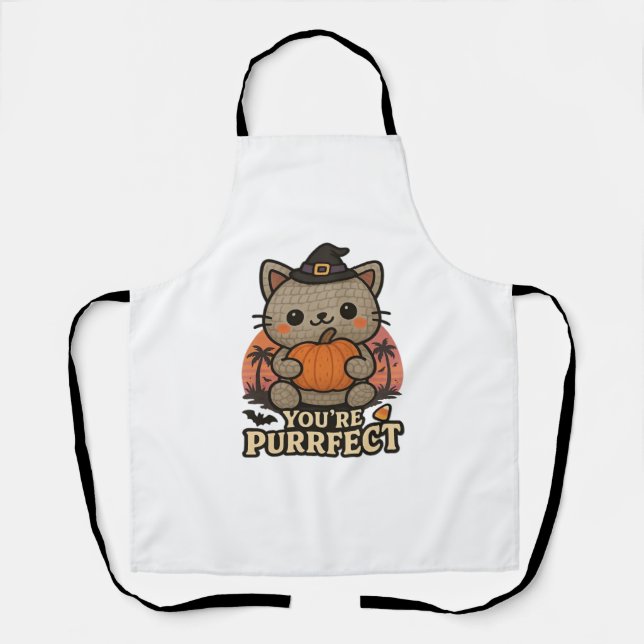 Kawaii Halloween Cat with Pumpkin, Cute Witch Kitt Apron (Front)