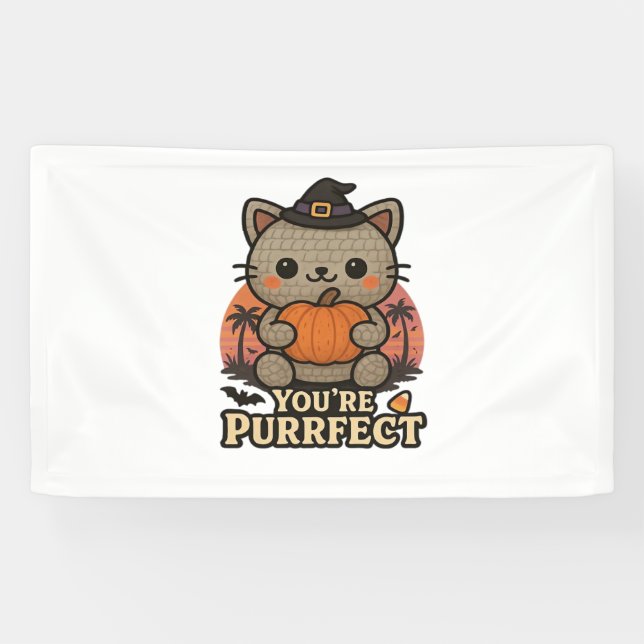 Kawaii Halloween Cat with Pumpkin, Cute Witch Kitt Banner (Horizontal)