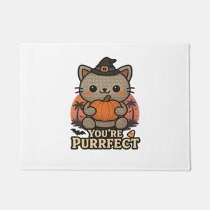 Kawaii Halloween Cat with Pumpkin, Cute Witch Kitt Doormat