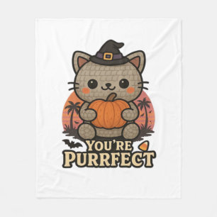 Kawaii Halloween Cat with Pumpkin, Cute Witch Kitt Fleece Blanket
