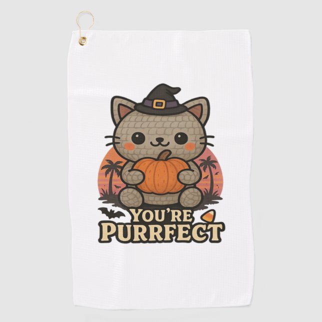 Kawaii Halloween Cat with Pumpkin, Cute Witch Kitt Golf Towel (Front)