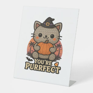 Kawaii Halloween Cat with Pumpkin, Cute Witch Kitt Pedestal Sign