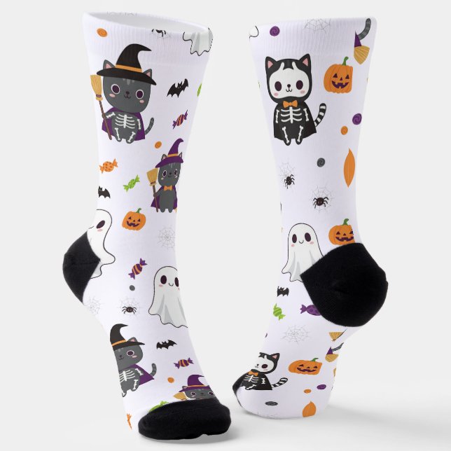Kawaii Halloween Cats and Ghosts Socks (Angled)