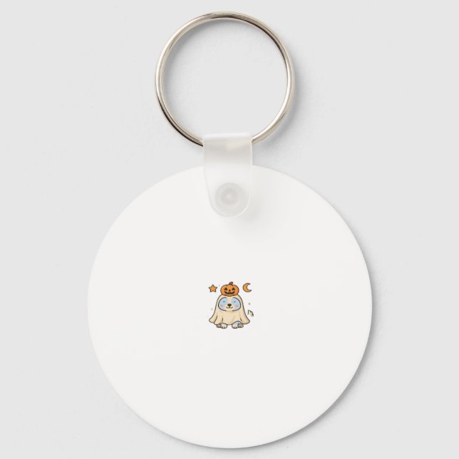 Kawaii Halloween Dog � Pumpkin Ghost Puppy Sticker Keychain (Front)