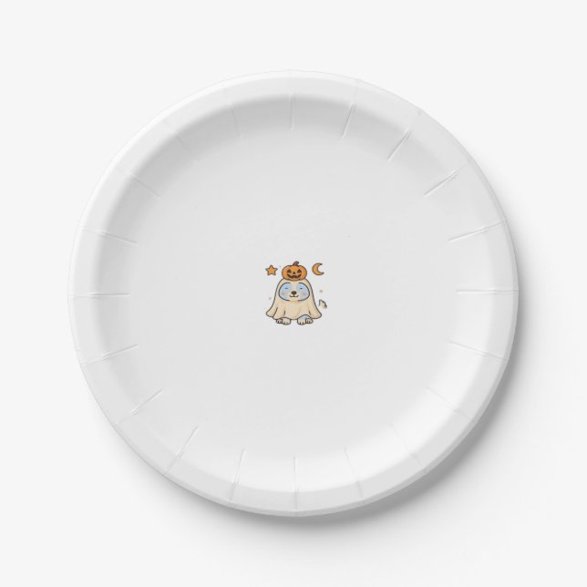 Kawaii Halloween Dog � Pumpkin Ghost Puppy Sticker Paper Plate (Front)