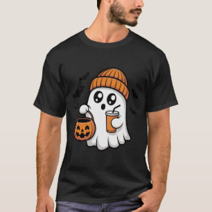 Kawaii Halloween Ghost Orange Beanie Autumn Spirit T-Shirt