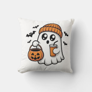 Kawaii Halloween Ghost Orange Beanie Autumn Spirit Throw Pillow