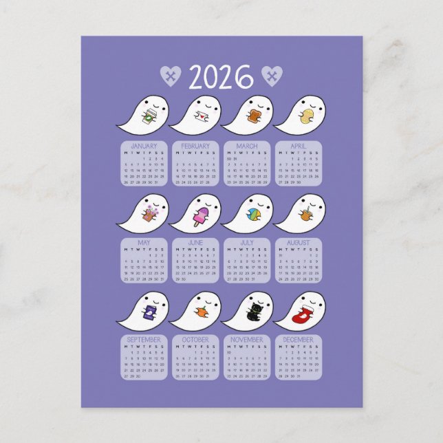Kawaii Halloween Ghosts 2026 Calendar Postcard (Front)
