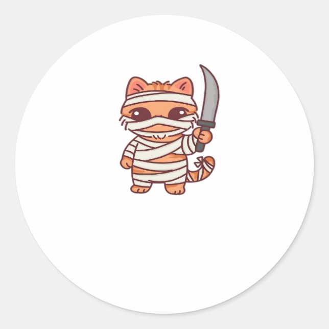 Kawaii Halloween Mummy Cat with Sword Classic T-Sh Classic Round Sticker (Front)