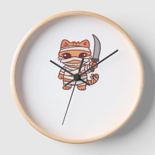 Kawaii Halloween Mummy Cat with Sword Classic T-Sh Clock