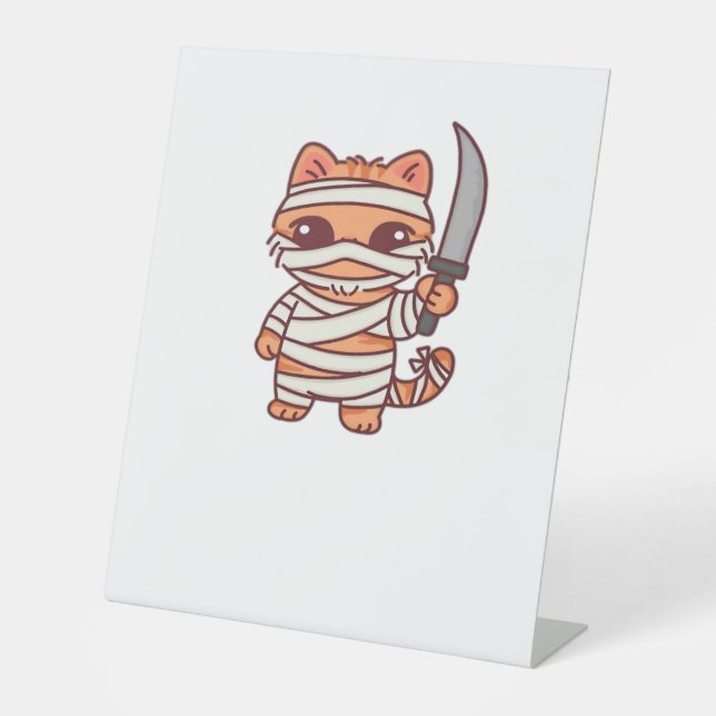 Kawaii Halloween Mummy Cat with Sword Classic T-Sh Pedestal Sign (Front)