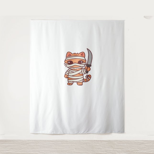 Kawaii Halloween Mummy Cat with Sword Classic T-Sh Tapestry (Front)