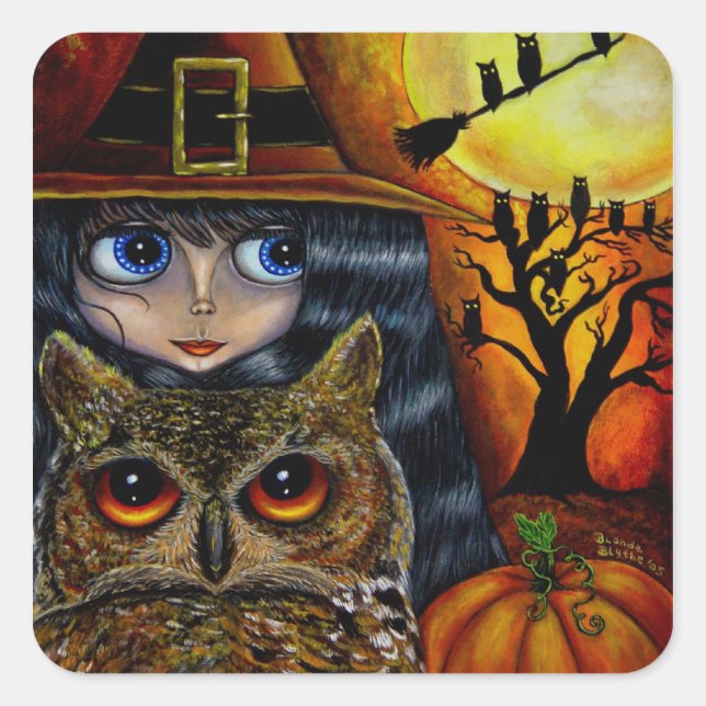 Kawaii Halloween Owl Witch Doll with Big Eyes Square Sticker (Front)