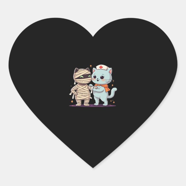 Kawaii Halloween Pals Mummy & Nurse cat Oversized  Heart Sticker (Front)