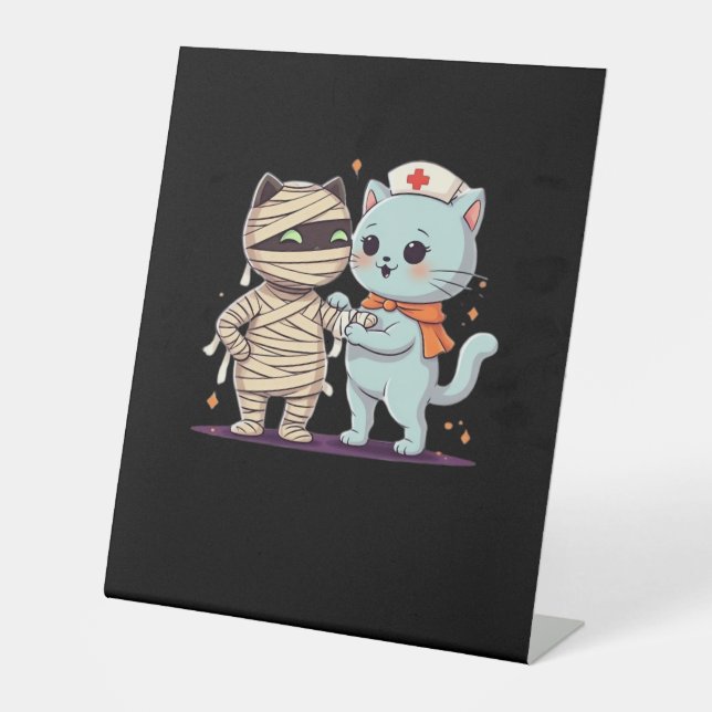 Kawaii Halloween Pals Mummy & Nurse cat Oversized  Pedestal Sign (Front)
