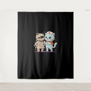 Kawaii Halloween Pals Mummy & Nurse cat Oversized  Tapestry