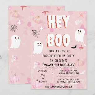 Kawaii Halloween Pink Ghost Birthday Hey Boo Invitation