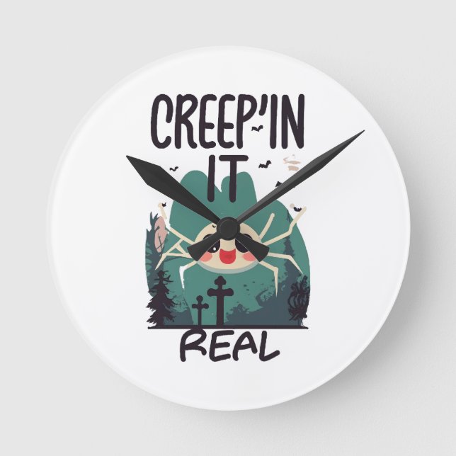Kawaii Halloween Spider Pun Round Clock (Front)