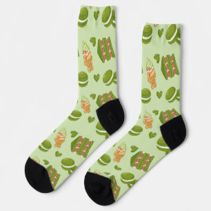 Kawaii Hand-Drawn Matcha Sweets Seamless Pattern Socks