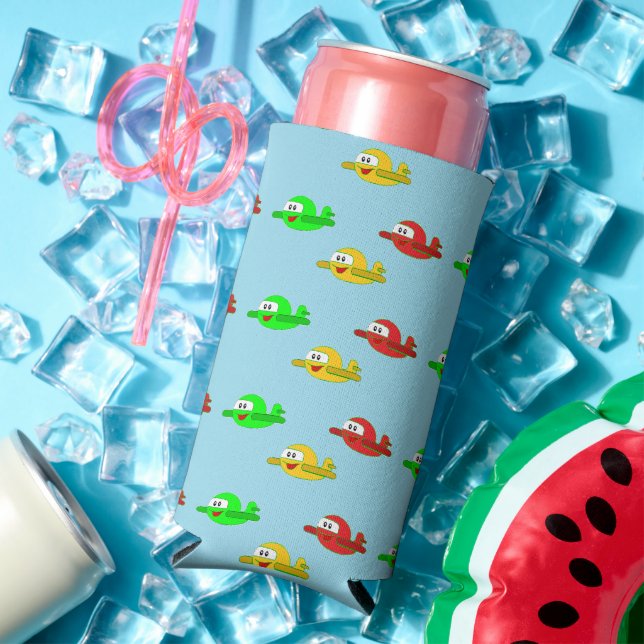 Kawaii happy airplanes pattern blue seltzer can cooler (In Situ Summer)