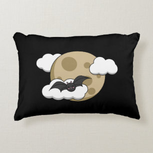 Kawaii Happy Bat Flying on Full Moon Accent Pillow