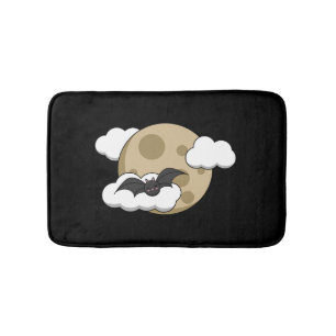 Kawaii Happy Bat Flying on Full Moon Bath Mat