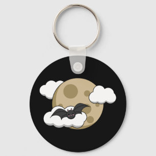 Kawaii Happy Bat Flying on Full Moon Keychain