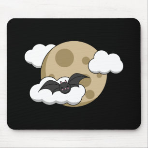 Kawaii Happy Bat Flying on Full Moon Mouse Pad