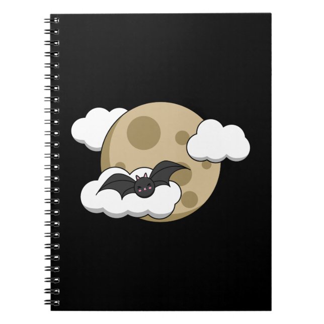 Kawaii Happy Bat Flying on Full Moon Notebook (Front)