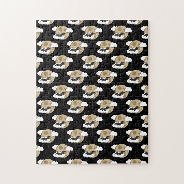 Kawaii Happy Bat Flying on Full Moon Pattern Jigsaw Puzzle (Vertical)