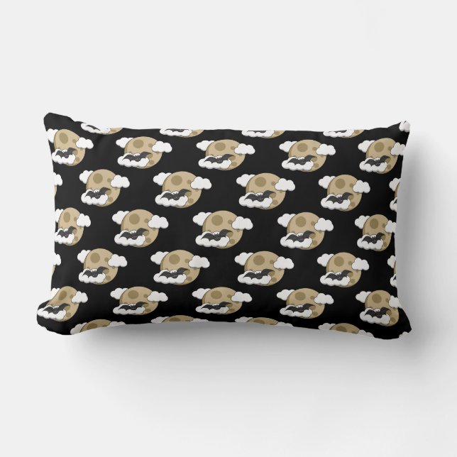 Kawaii Happy Bat Flying on Full Moon Pattern Lumbar Pillow (Front)