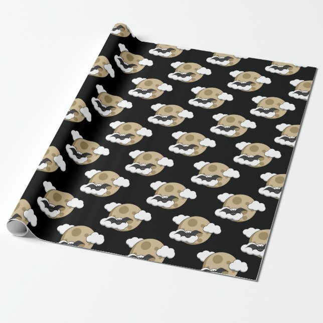 Kawaii Happy Bat Flying on Full Moon Pattern Wrapping Paper (Unrolled)