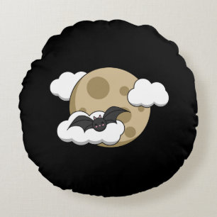 Kawaii Happy Bat Flying on Full Moon Round Pillow