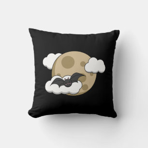 Kawaii Happy Bat Flying on Full Moon Throw Pillow