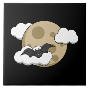 Kawaii Happy Bat Flying on Full Moon Tile