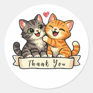 Kawaii Happy Kittens with Pink Heart Thank You Classic Round Sticker