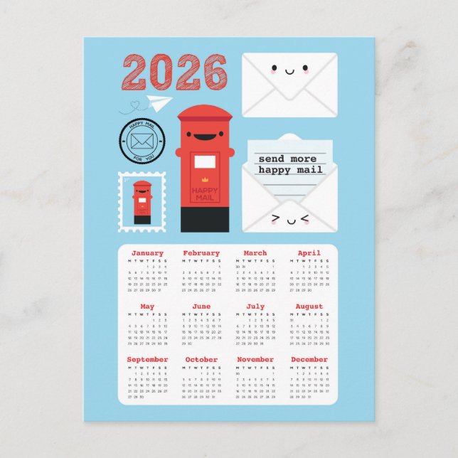 Kawaii Happy Mail 2026 Calendar Postcard (Front)