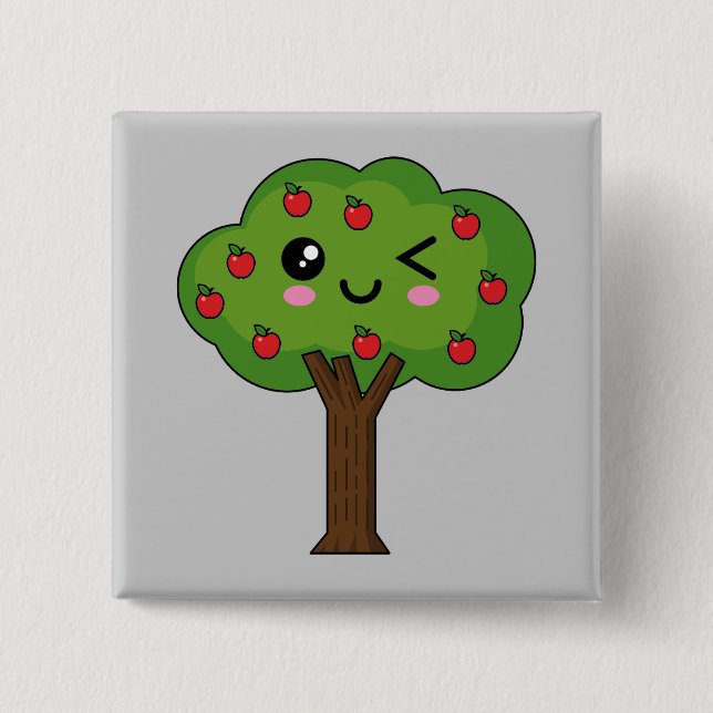 Kawaii Happy Winking Apple Tree 2 Inch Square Button (Front)