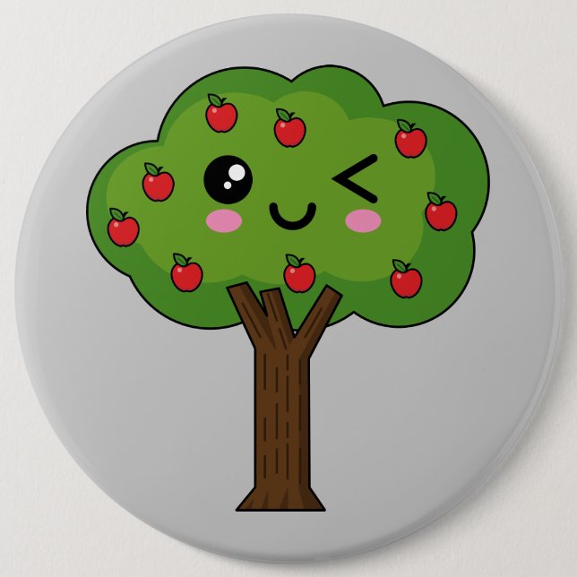 Kawaii Happy Winking Apple Tree 6 Inch Round Button (Front)