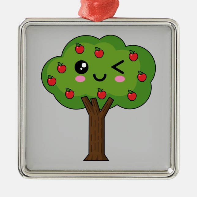 Kawaii Happy Winking Apple Tree Metal Ornament (Front)