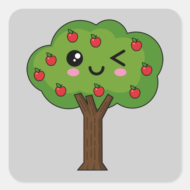 Kawaii Happy Winking Apple Tree Square Sticker (Front)
