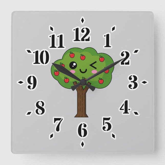 Kawaii Happy Winking Apple Tree Square Wall Clock (Front)