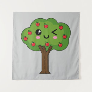 Kawaii Happy Winking Apple Tree Tapestry