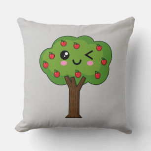 Kawaii Happy Winking Apple Tree Throw Pillow