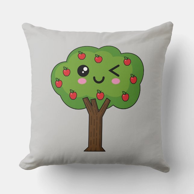 Kawaii Happy Winking Apple Tree Throw Pillow (Front)