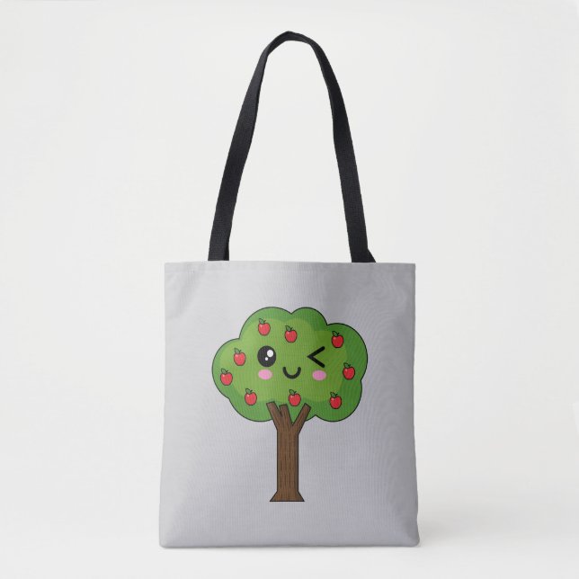 Kawaii Happy Winking Apple Tree Tote Bag (Front)