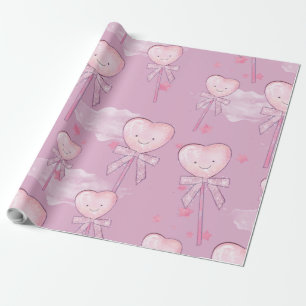 Kawaii Heart Lollipop Pattern – Pastel Purple Wrapping Paper