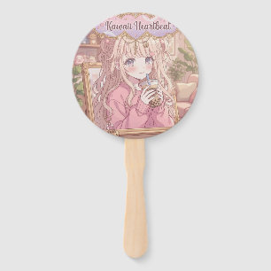 Kawaii Heartbeat Boba Tea Anime Girl Aesthetic But Hand Fan