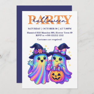 Kawaii Holographic Retro Ghosts Halloween Party Invitation